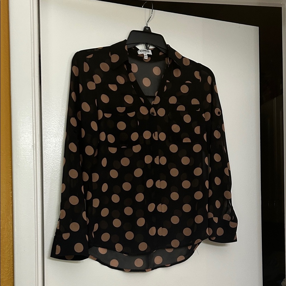 Express Black Blouse with Brown Polka Dots